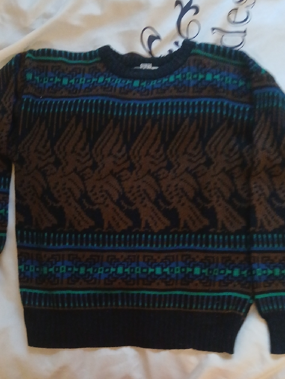 Vintage 80s Men's Black and Brown Patterned Crewneck Sweater with Teal Accents S